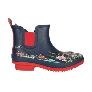 GARDENLINE Women's WATERPROOF RUBBER GARDEN BOOTS Navy Blue & Red FLORAL Size 8